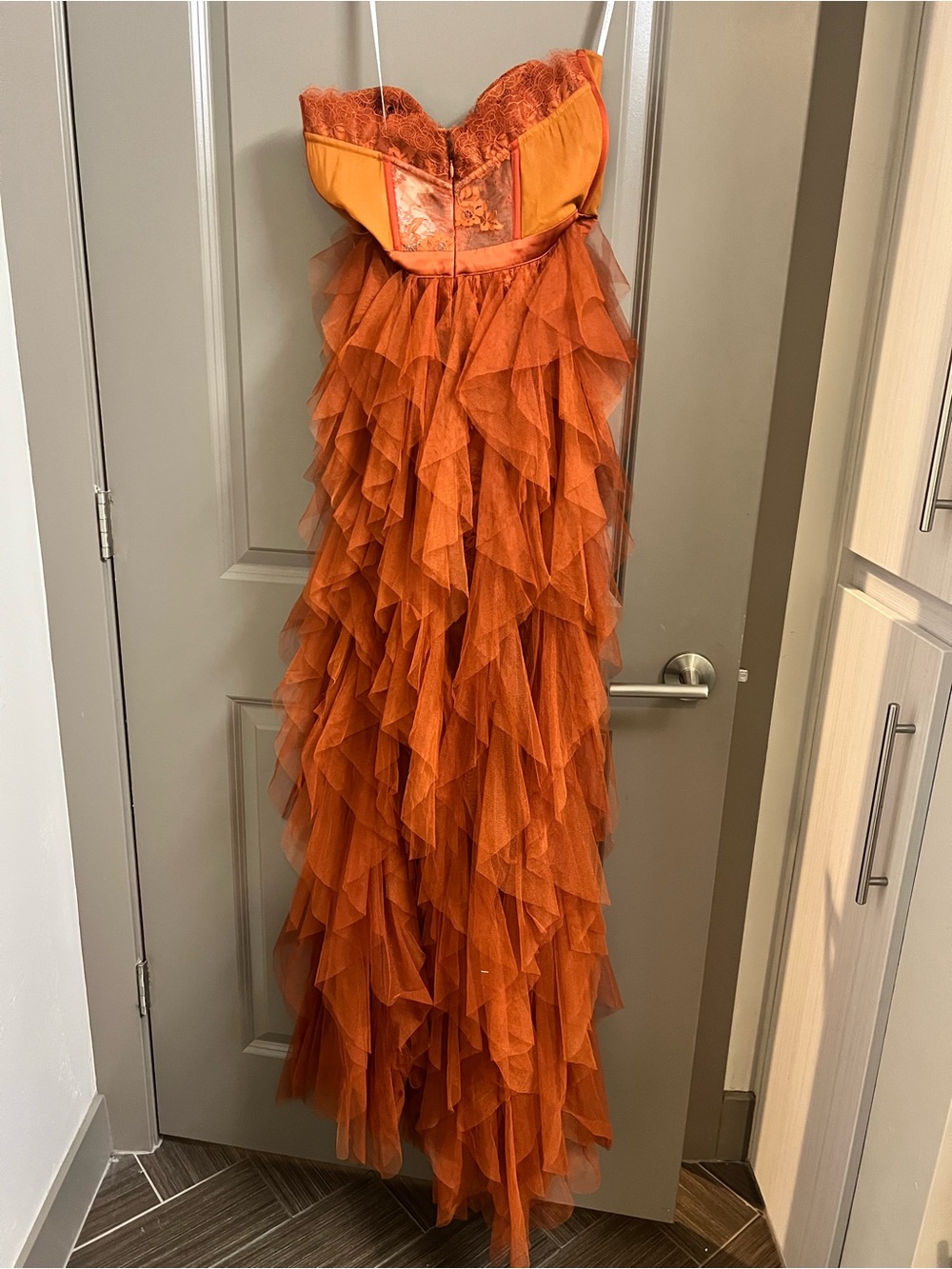 For Love And Lemons Rust Orange Strapless Ruffled Tulle Gown - Picture 3 of 7
